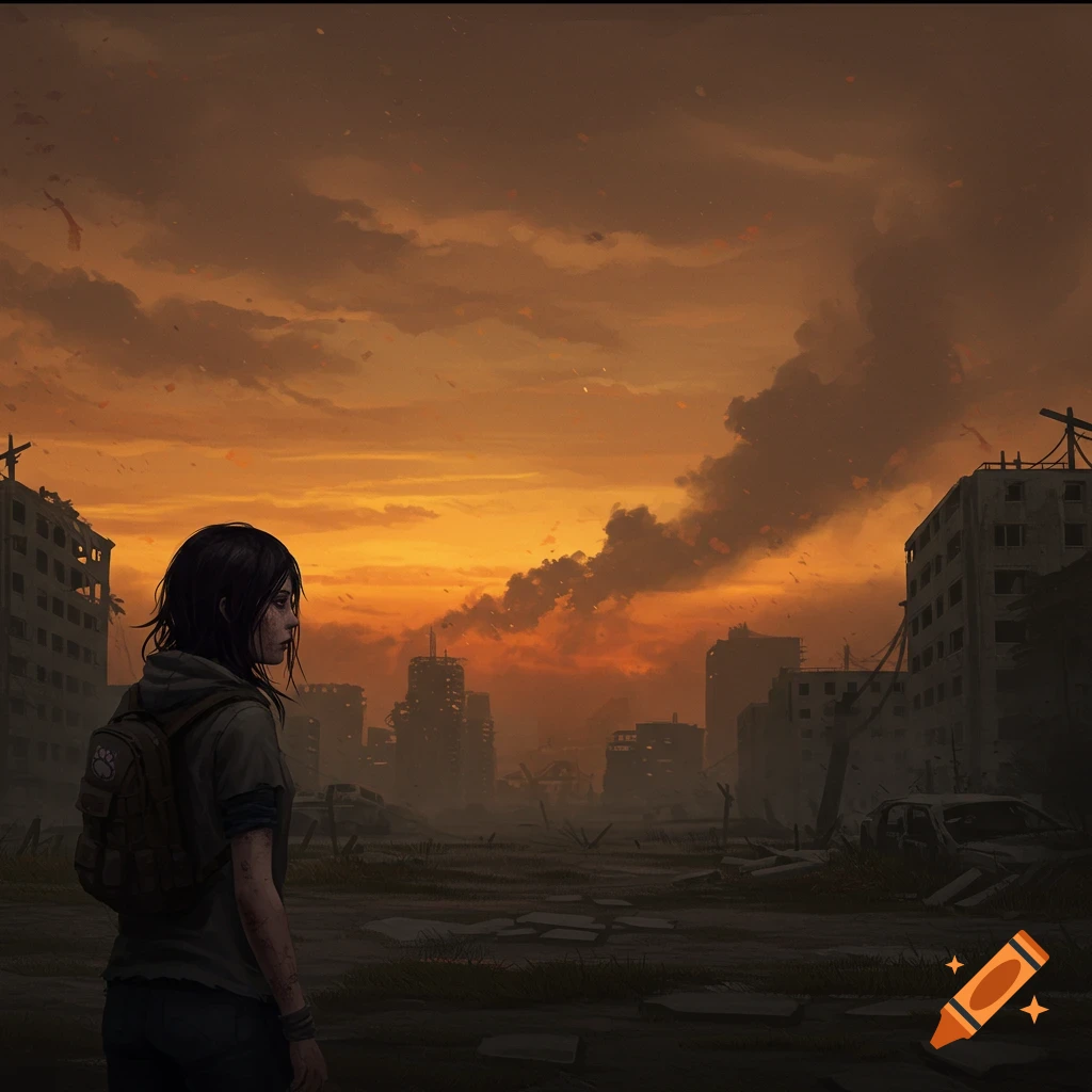 A person stands looking at a ruined city under an orange, smoky sky.