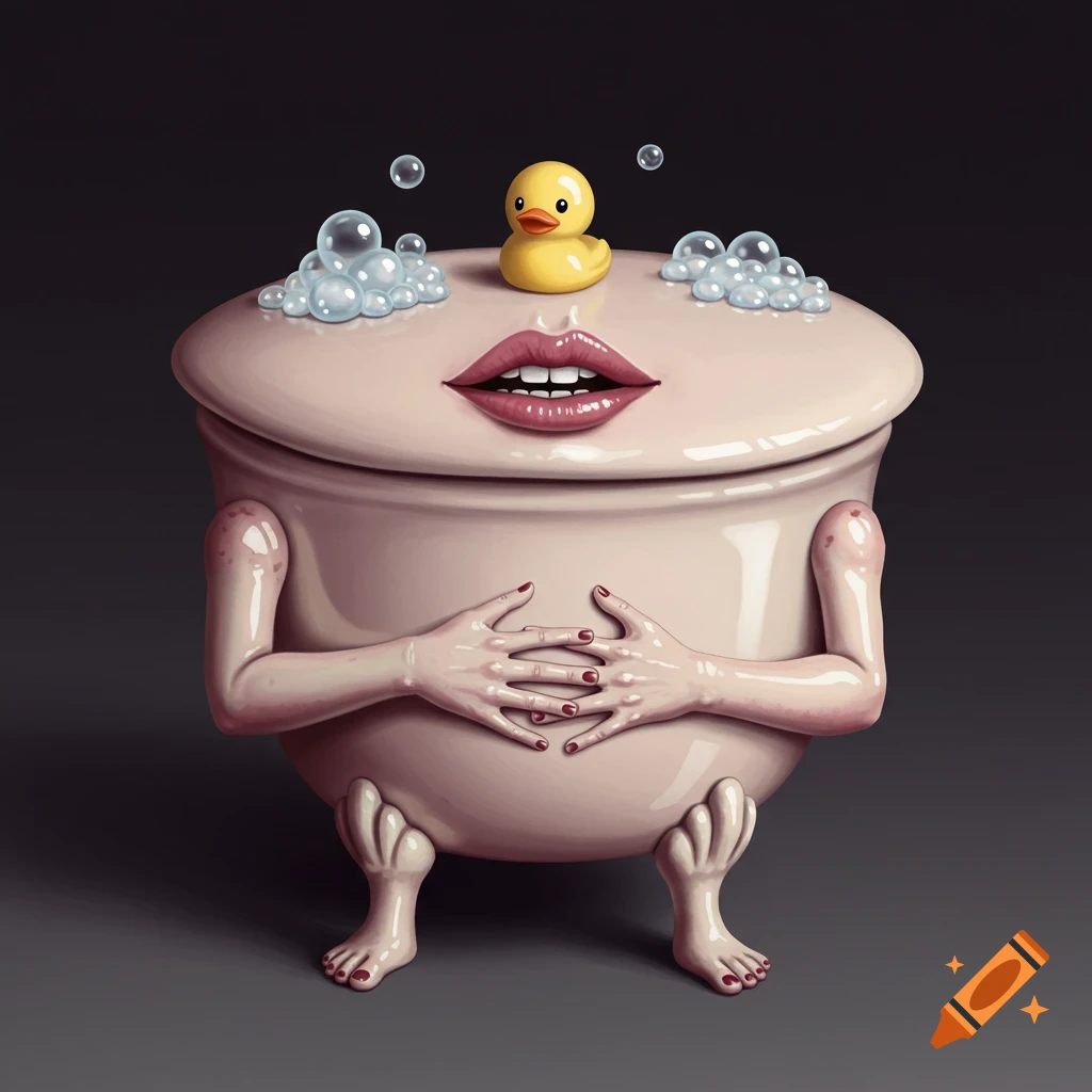 A surreal illustration of a round tub-like object with human hands, feet, and a mouth, topped with a rubber duck and bubbles.