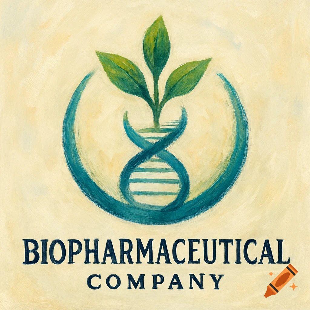 Painted logo with green plant growing from a blue DNA helix inside a teal circle, with text "BIOPHARMACEUTICAL COMPANY" below.