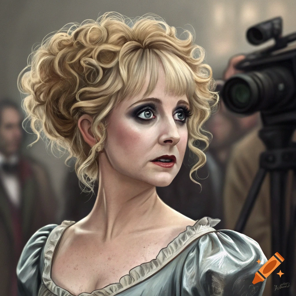 Close-up portrait of a woman with elaborate blonde hair and heavy eye makeup, wearing a ruffled period dress, being filmed by a large camera.