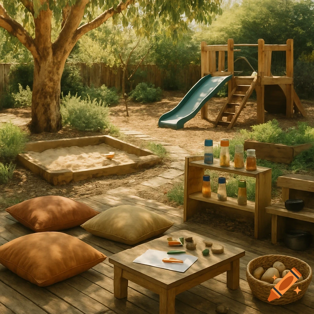 An outdoor children's play area with a sandpit, slide structure, cushions, and a table with art supplies.