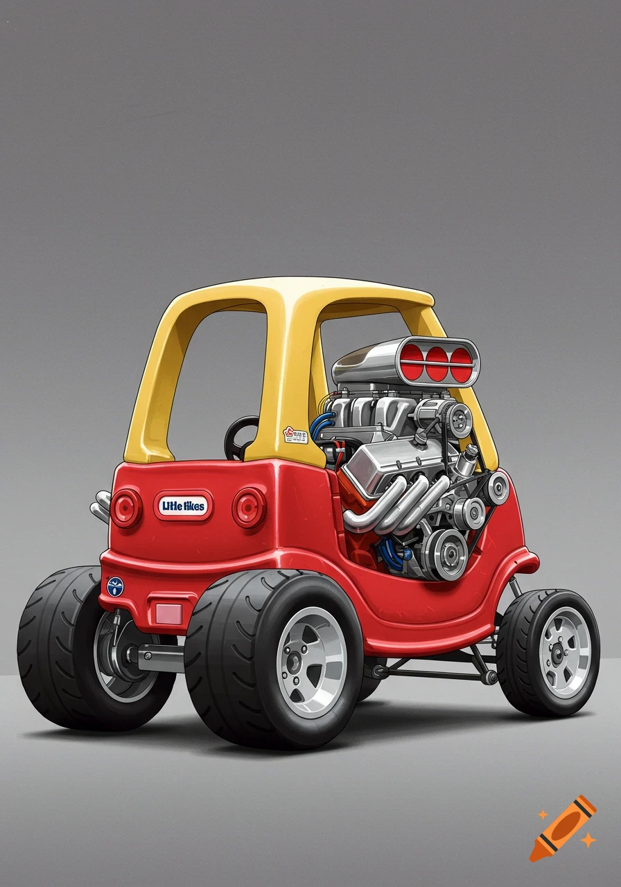 Red and yellow Little Tikes toy car modified into a hot rod with a large engine.