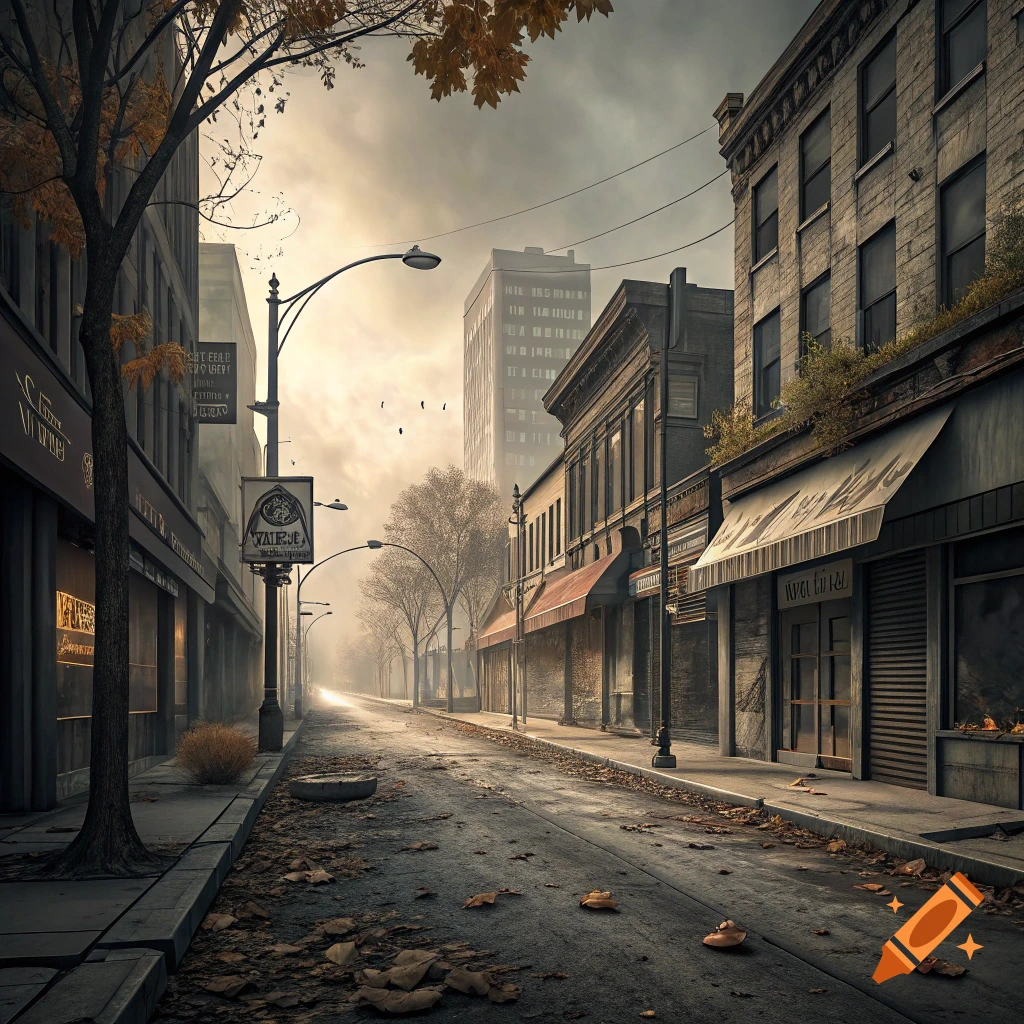 An empty street lined with buildings and trees on a cloudy, atmospheric day with fallen leaves.