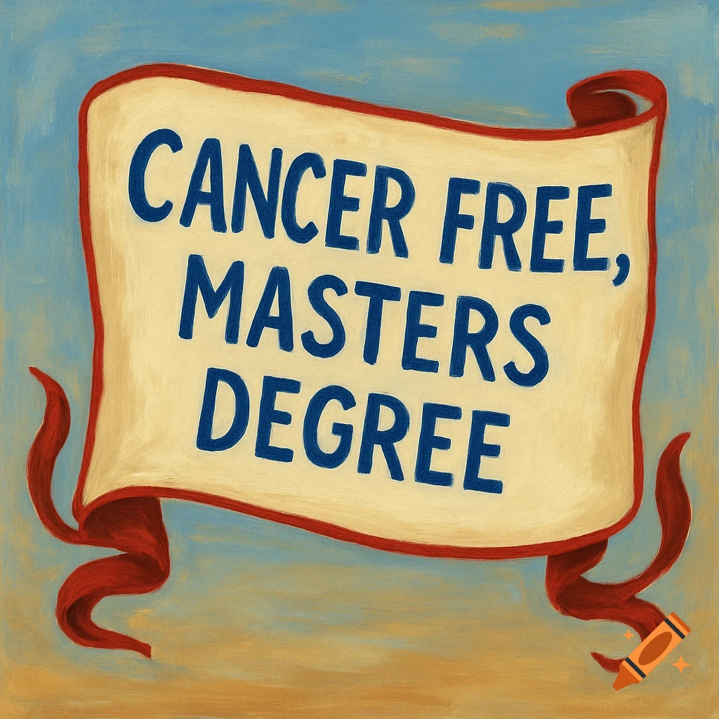 An illustrative banner with red ribbons reads 'CANCER FREE, MASTERS DEGREE' against a blue and yellow background.