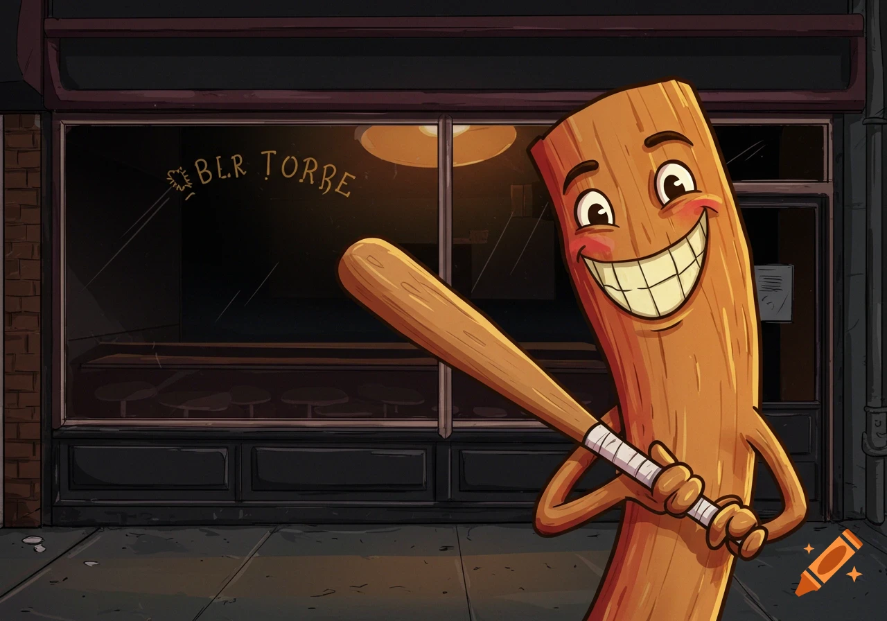 A smiling cartoon stick-like character holding a baseball bat stands outside a bar at dusk.