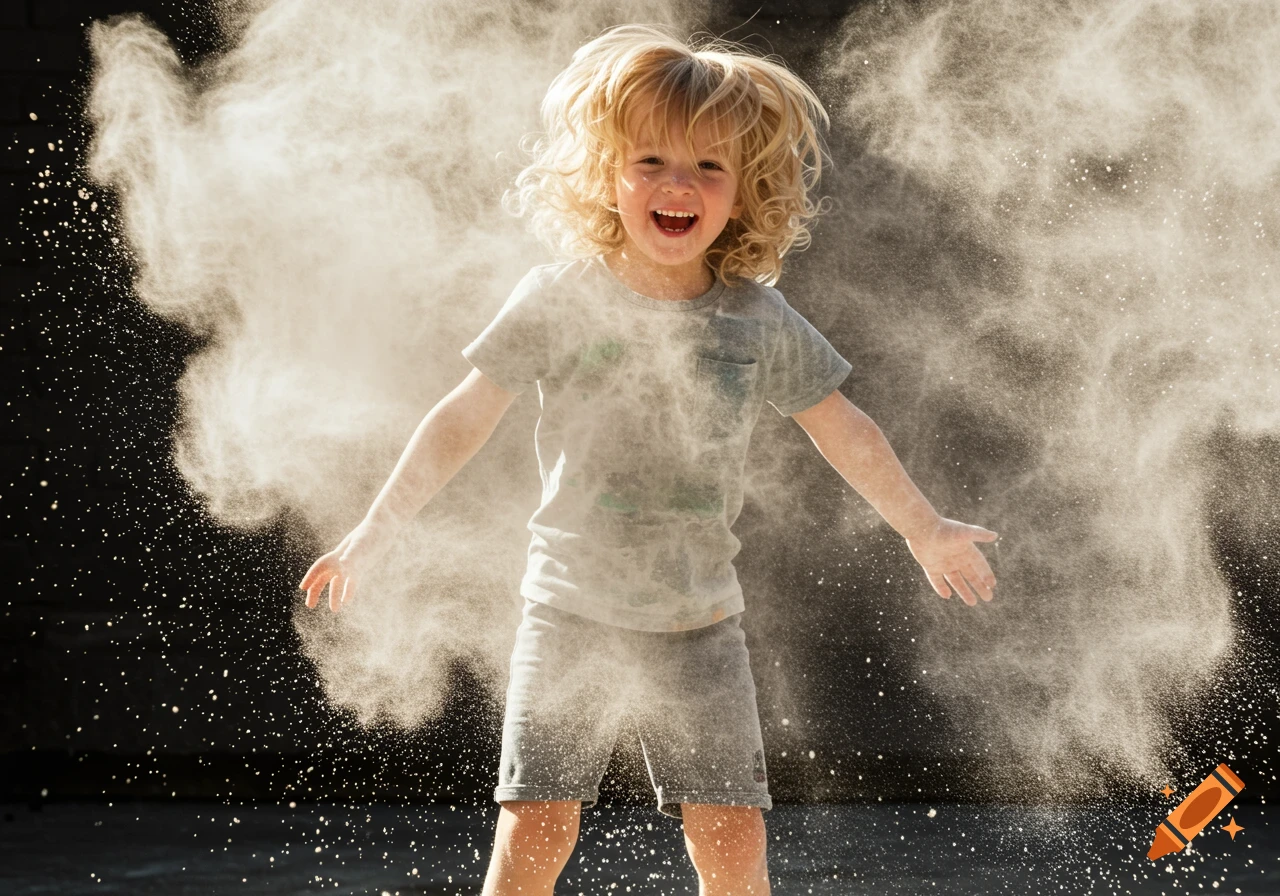 A happy young blonde child jumps in a cloud of powder