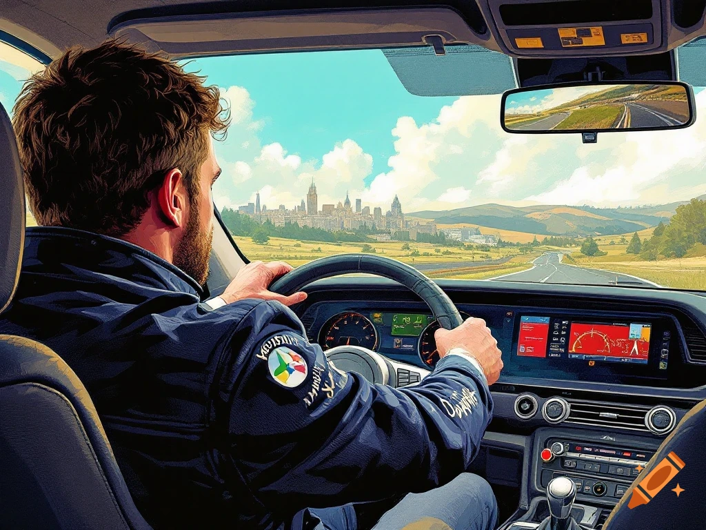 A man drives a car, looking at a distant city skyline on the horizon.