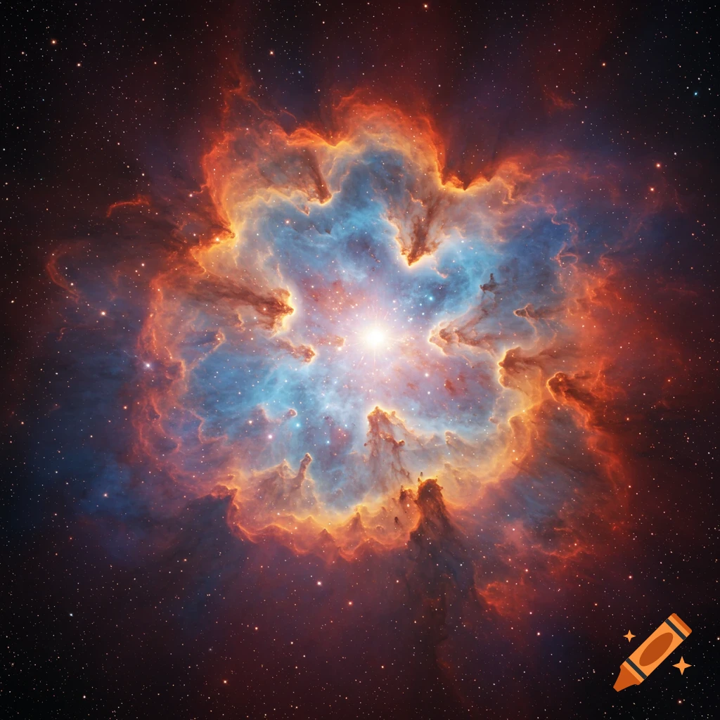 Bright, colorful nebula shaped like a starburst against a starry background.