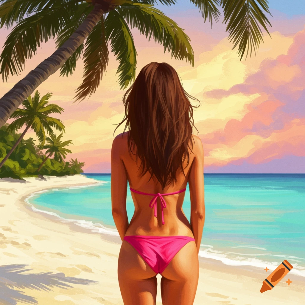Digital painting of a woman in a pink bikini standing on a tropical beach, viewed from behind.