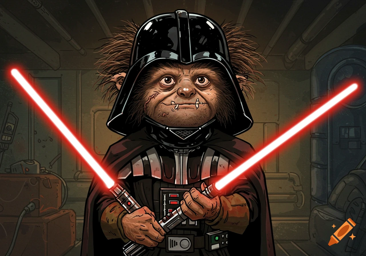 A character resembling Sloth from Goonies dressed as Darth Vader holds two red lightsabers.