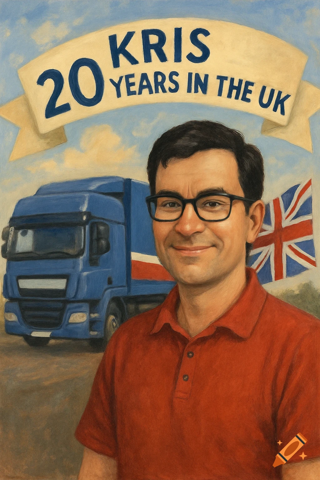 Painterly portrait of a man with glasses, a blue truck, UK flag, and banner reading '20 KRIS YEARS IN THE UK'