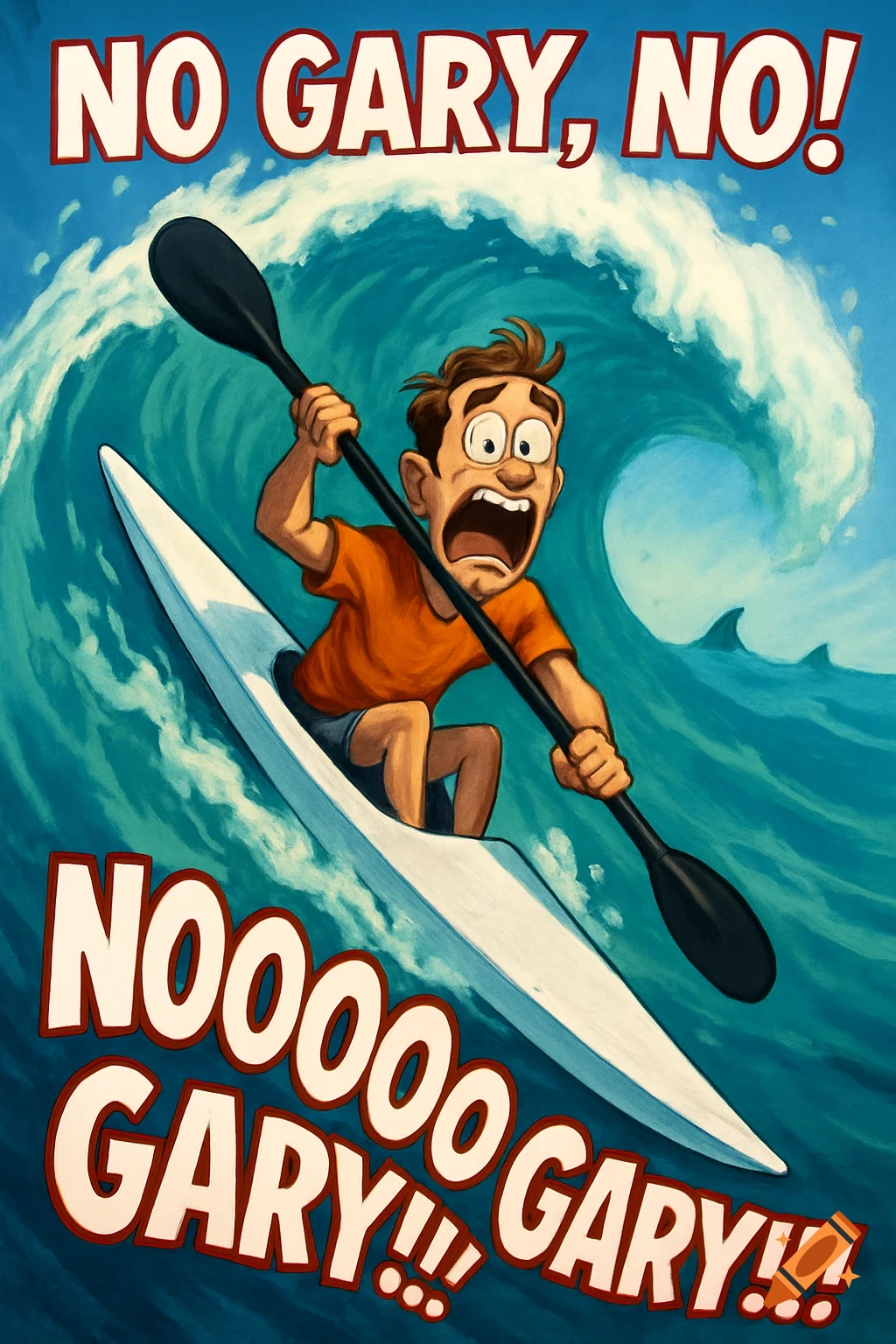 Cartoon of man on surfski screaming on a giant wave with text 'NO GARY, NO!' and 'NOOOOO GARY!!!'