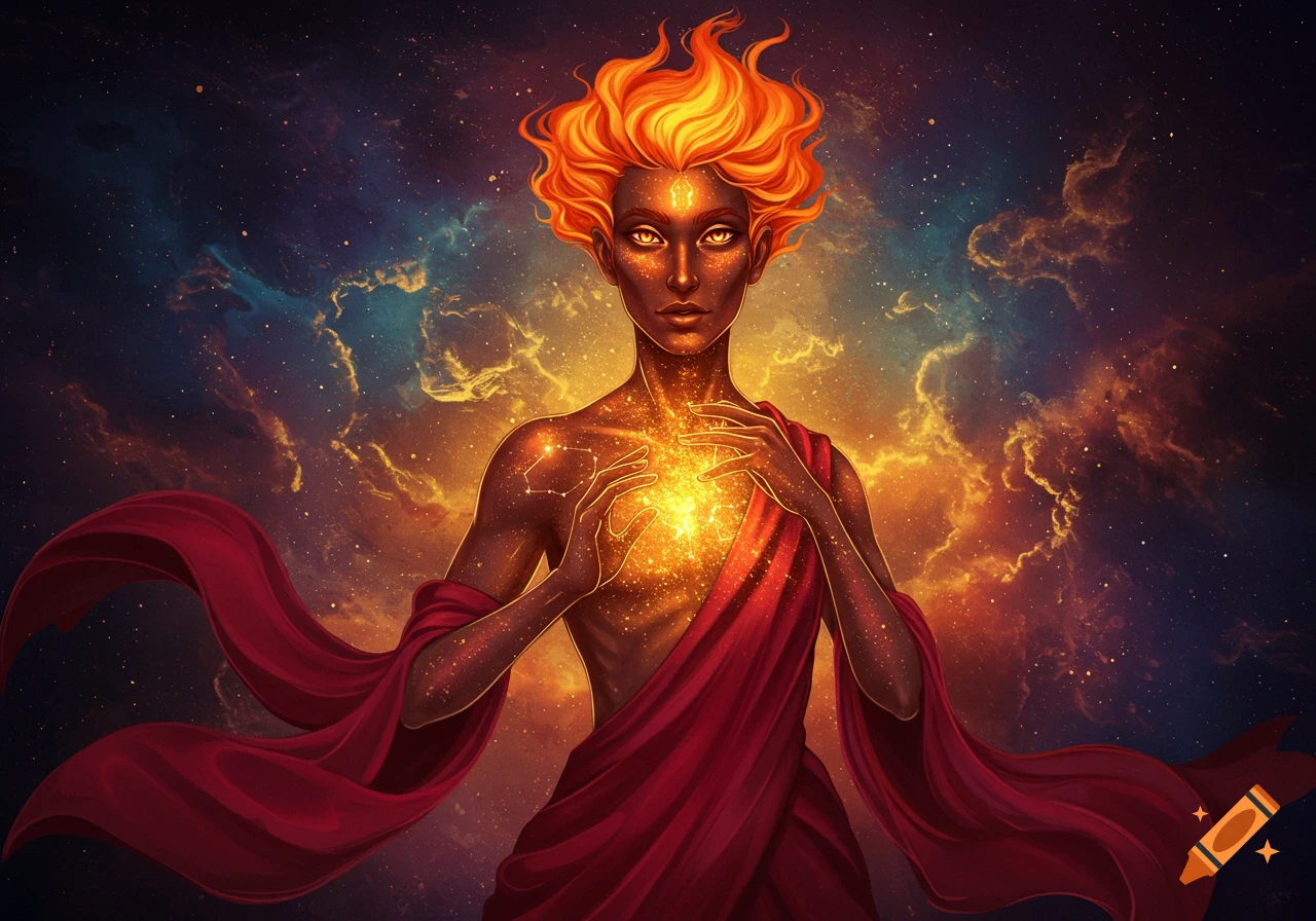 Fantasy figure with fiery hair and cosmic skin holds glowing energy before a starry nebula.