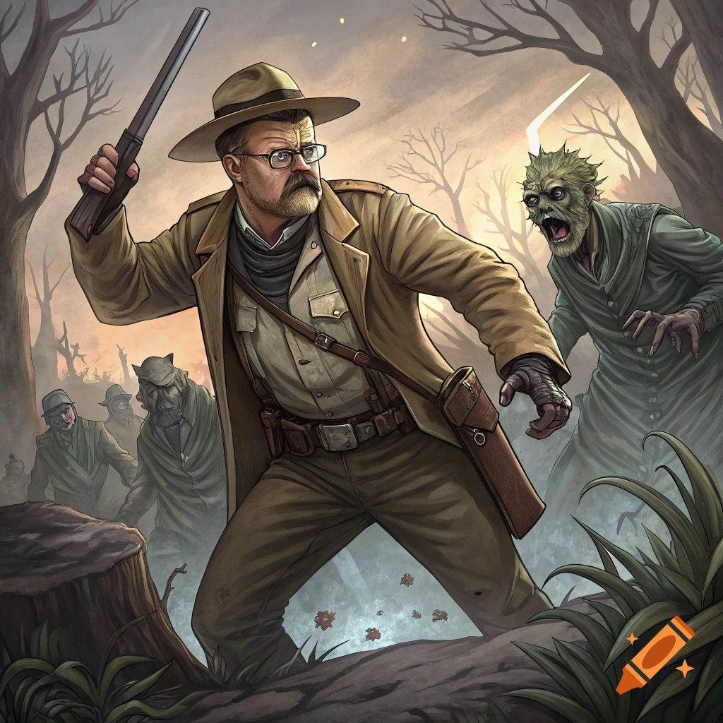 Illustration of a man resembling Theodore Roosevelt fighting zombies in a forest.