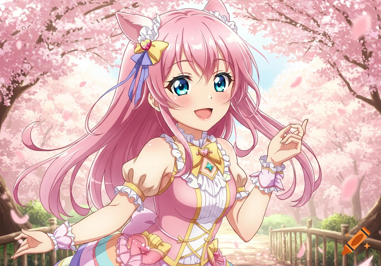 Smiling anime girl with pink hair and cat ears in a dress under cherry blossoms