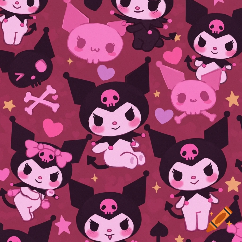 Seamless pattern featuring cute Kuromi characters, skulls, hearts, bones, and stars in pink and black.