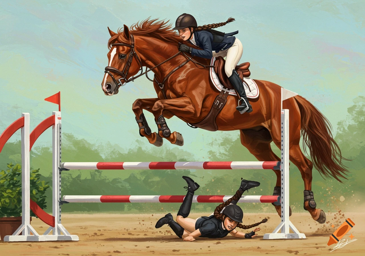 Illustration of a horse jumping over a hurdle while the rider falls off.