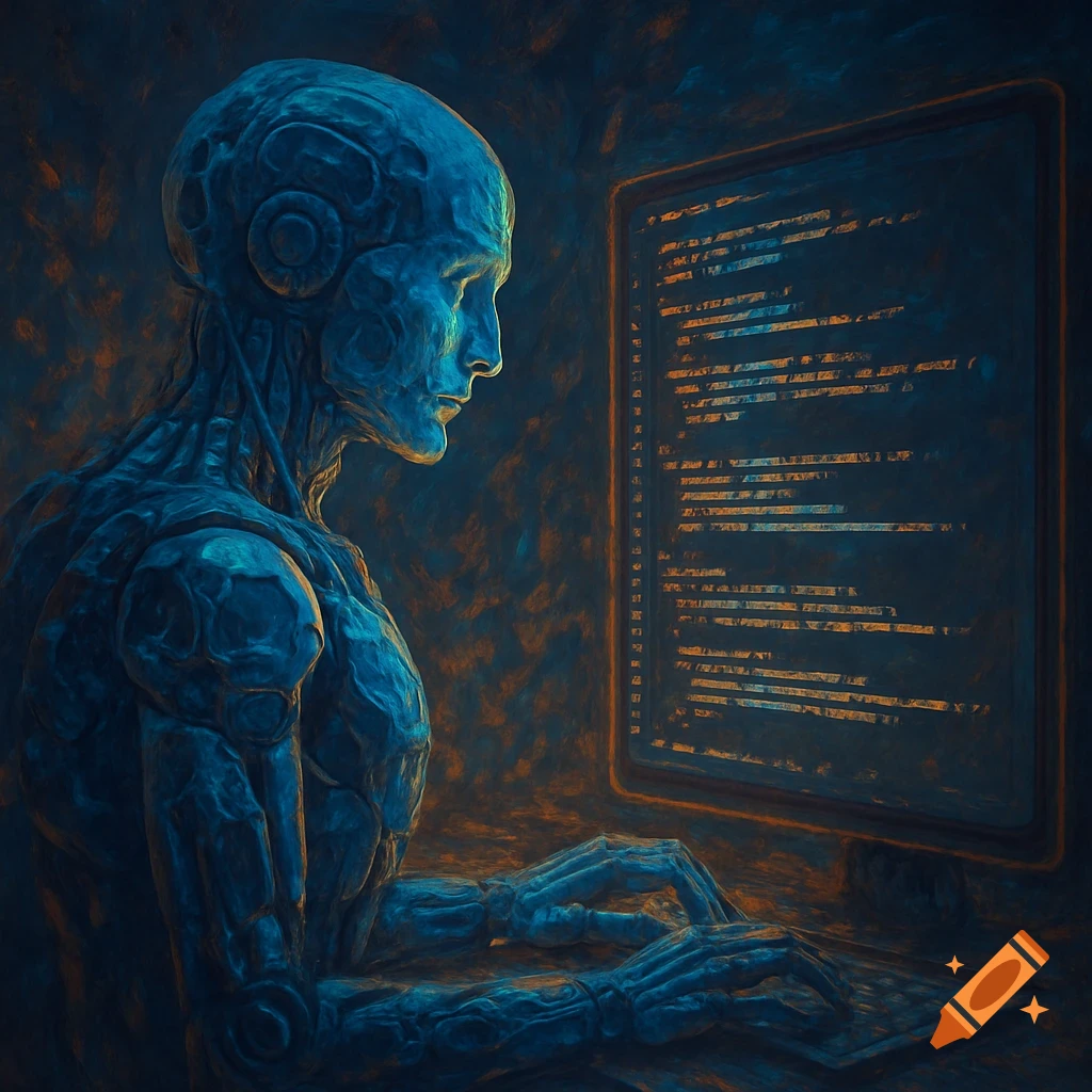 Digital art illustration of a blue humanoid figure typing code on a computer screen.