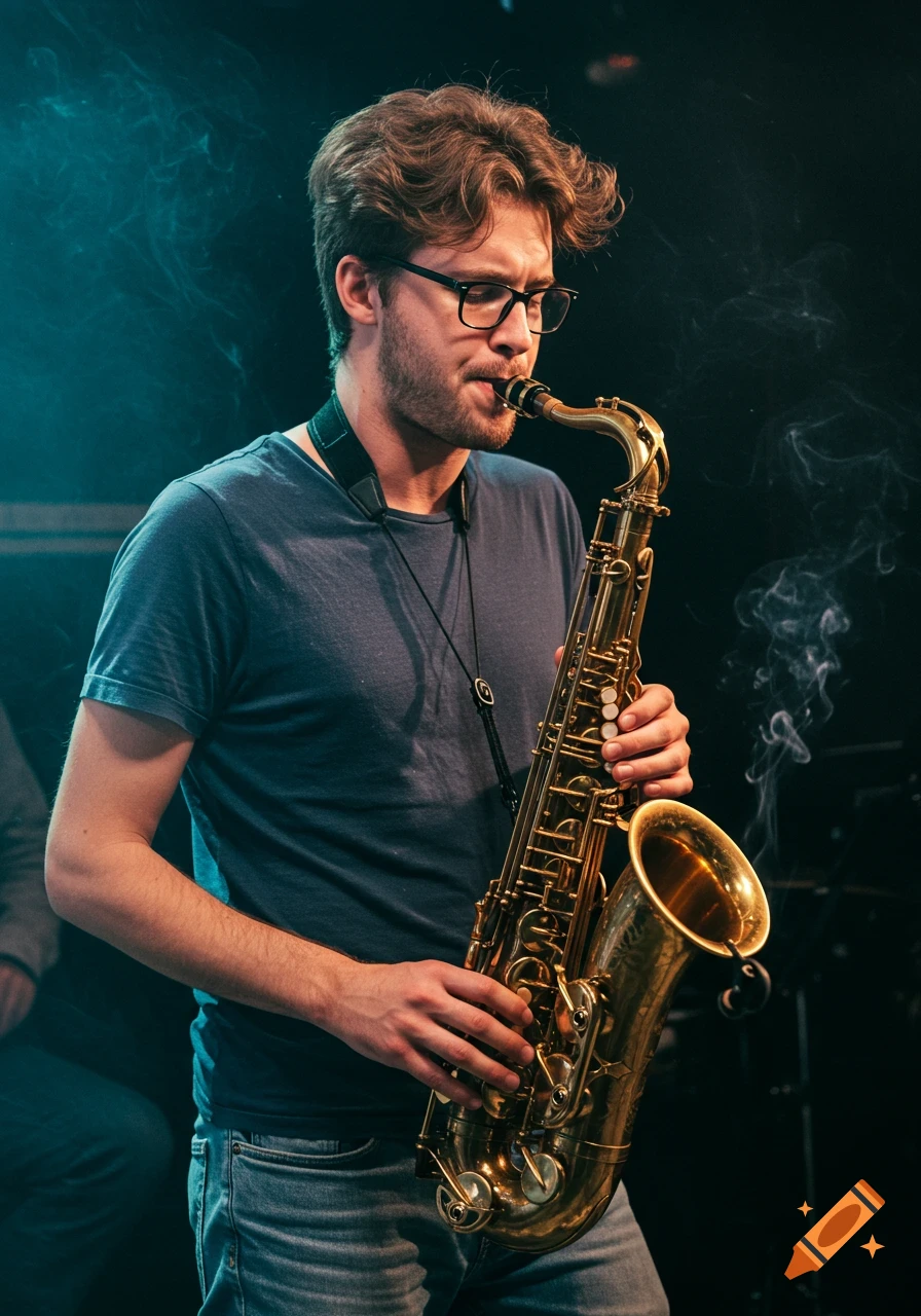 A man with glasses plays a saxophone in a dark, smoky setting.