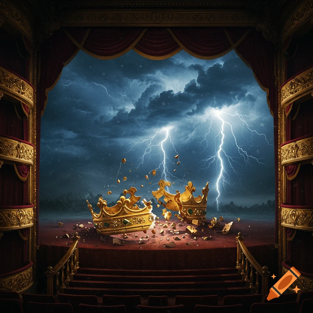 A shattered golden crown sits on a theatre stage as lightning strikes the stormy sky.