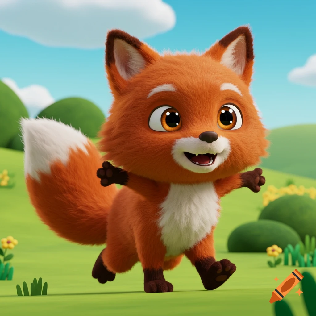 A cute, fluffy cartoon fox with big eyes runs happily in a green field under a blue sky.