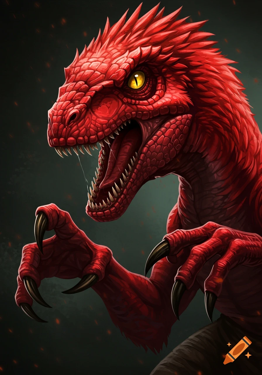 Close-up digital illustration of an angry red raptor with sharp claws and yellow eyes.