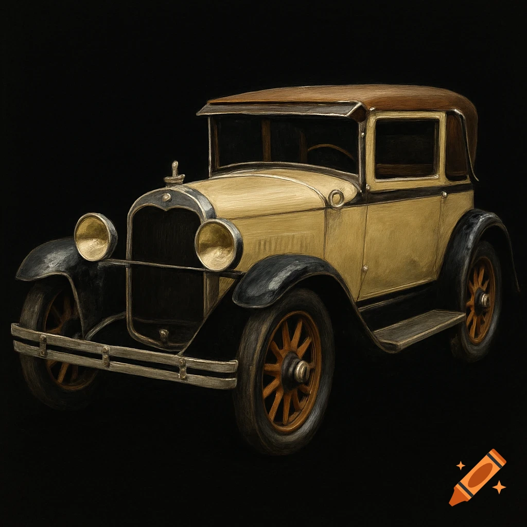 A vintage yellow car against a black background