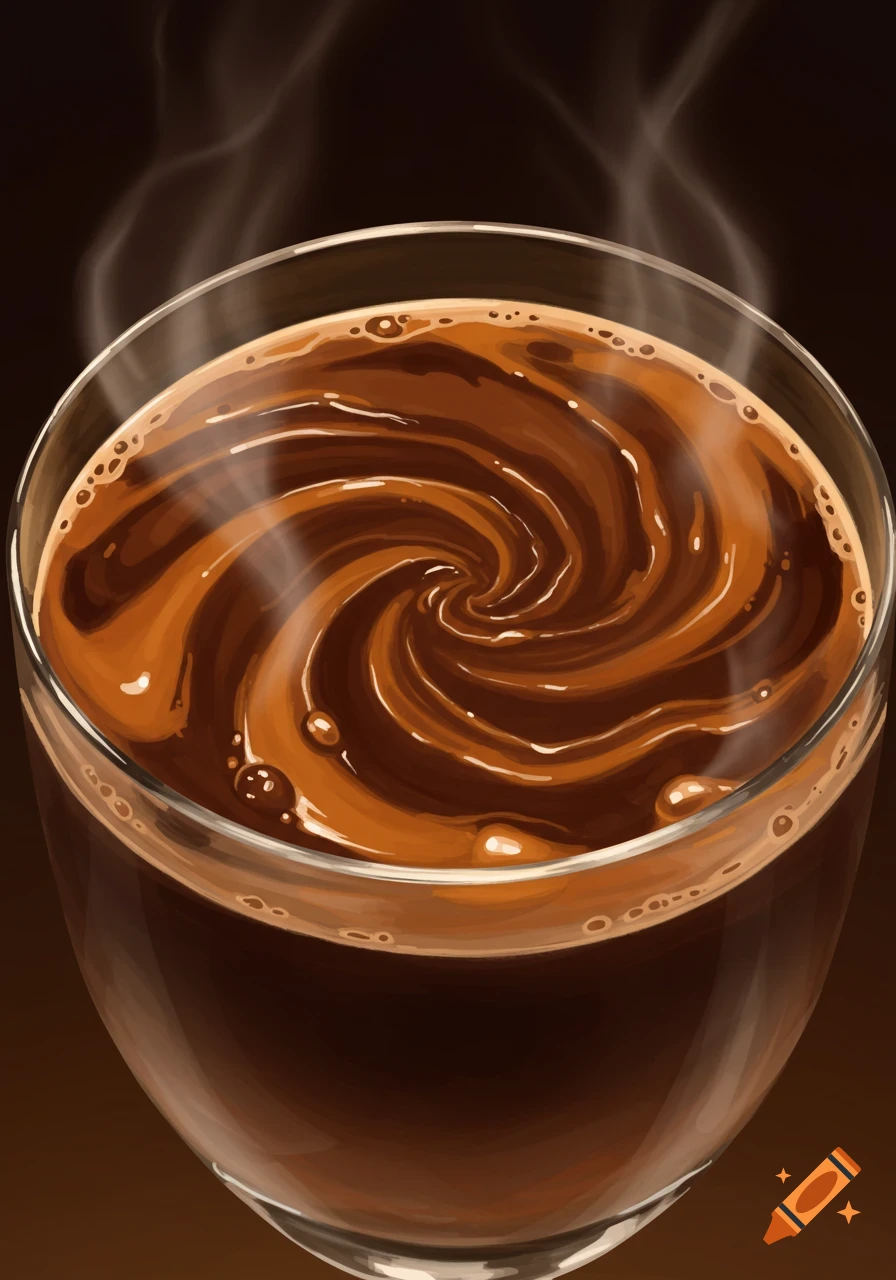 Close up digital painting of dark liquid swirling in a glass with steam rising.