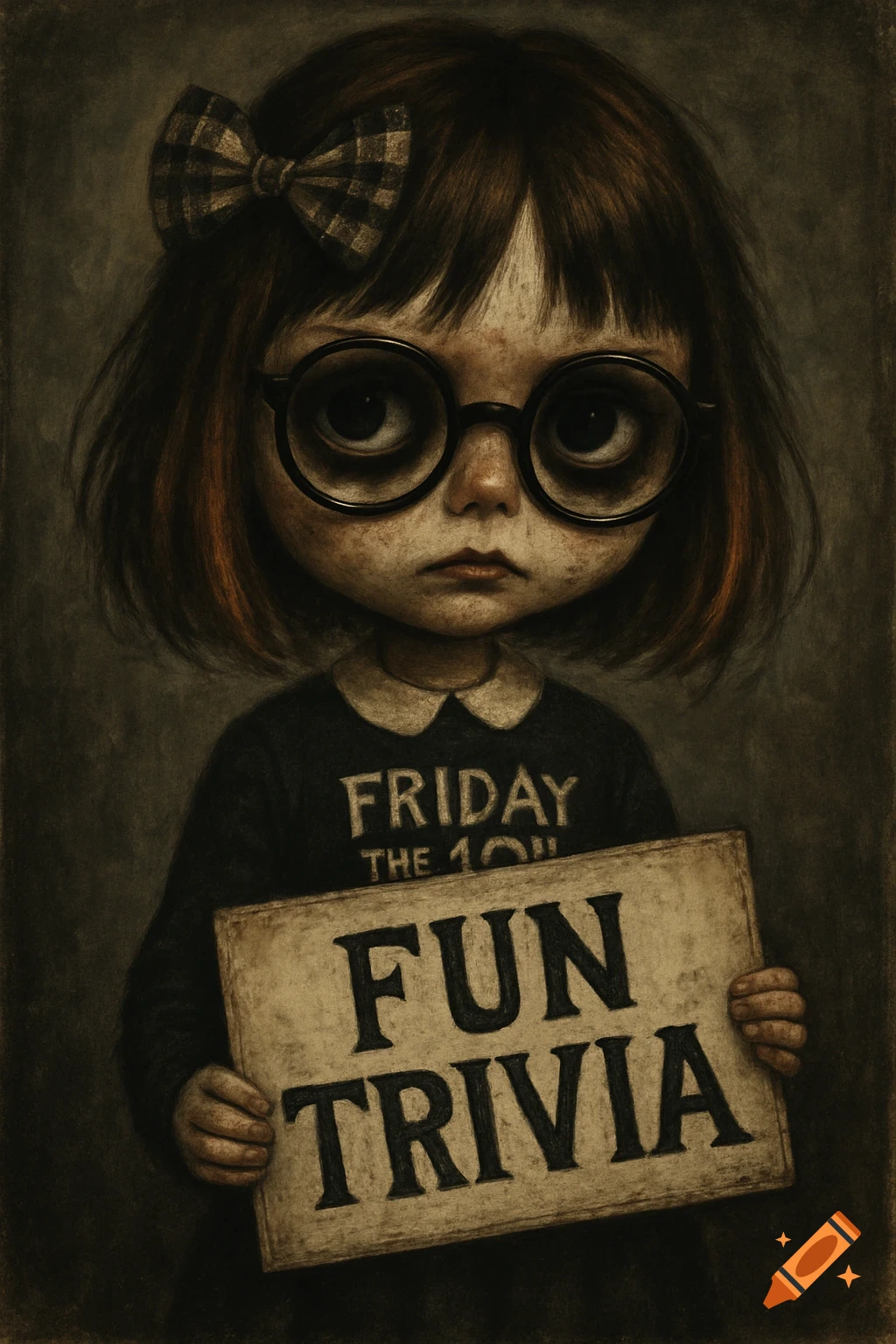 Grunge-style portrait of a sad girl wearing glasses and a plaid bow, holding a sign that reads 'Fun Trivia'.
