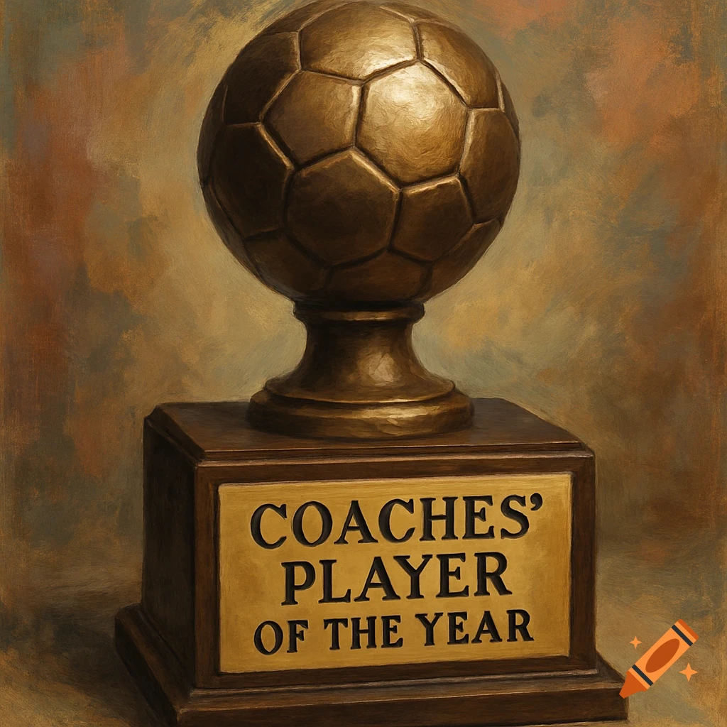 A bronze painting of a trophy with a soccer ball on top and a plaque reading "COACHES’ PLAYER OF THE YEAR".
