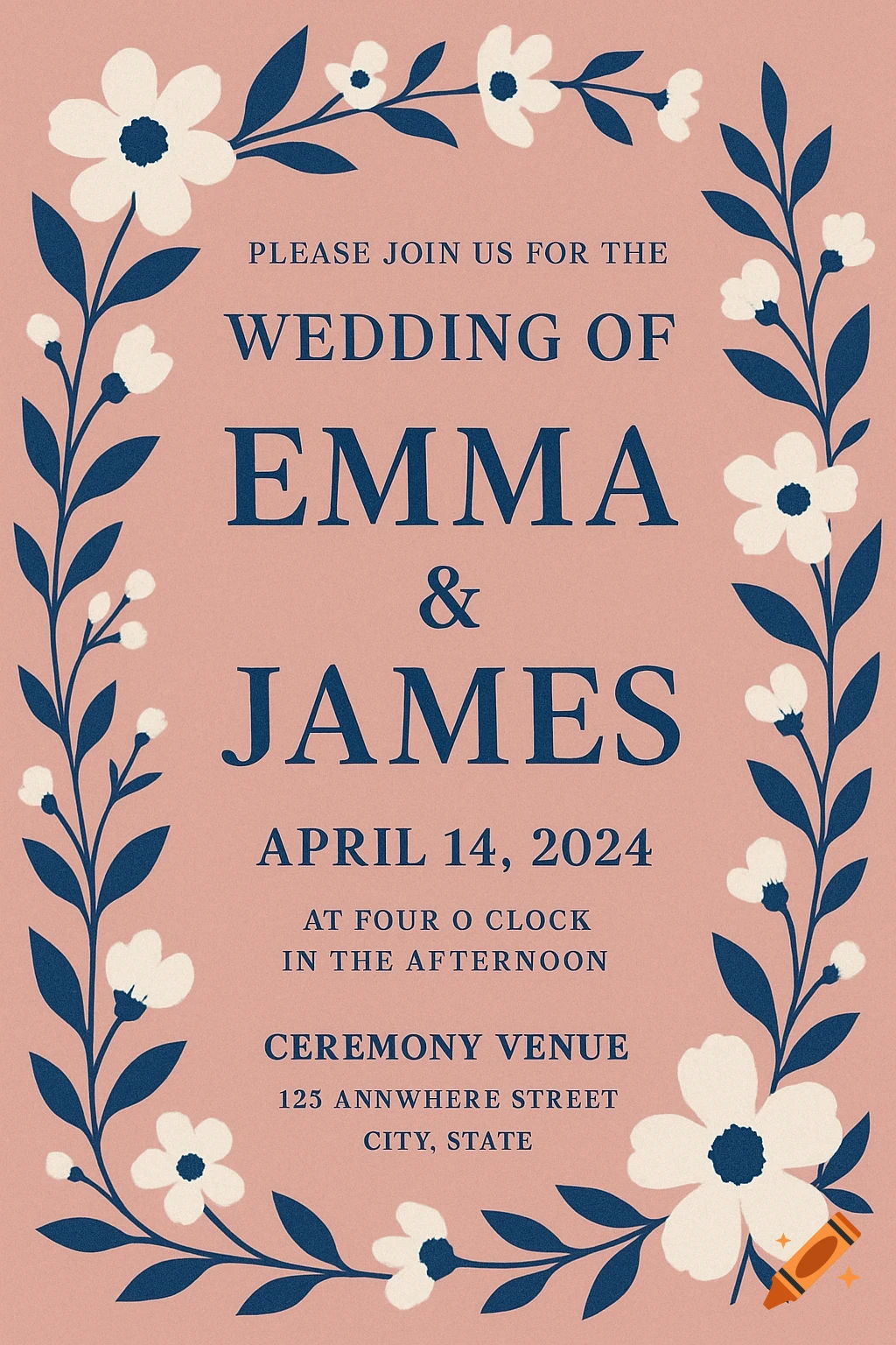 Floral wedding invitation in pink and blue with text