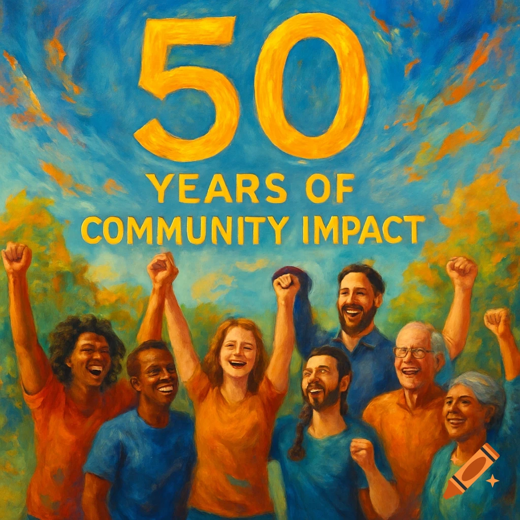 Group of diverse people cheering below large text '50 YEARS OF COMMUNITY IMPACT' in a painted style.