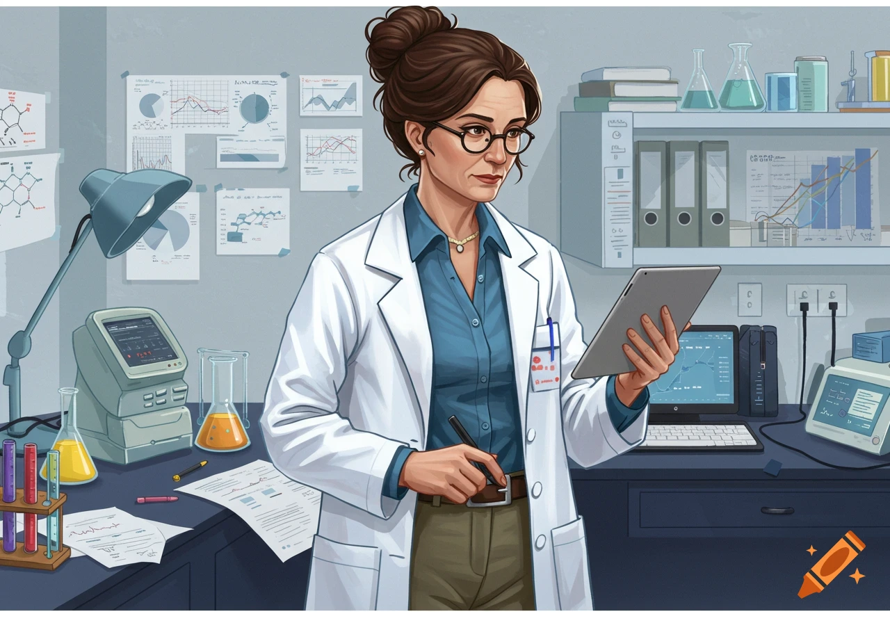 Illustrated woman in a lab coat looking at a tablet in a laboratory with equipment and charts