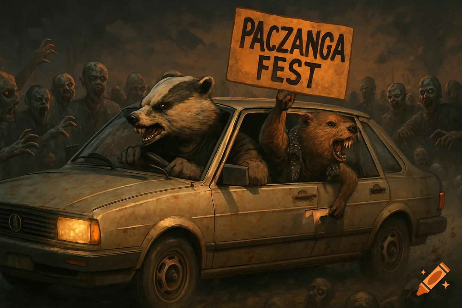 Illustrative image of a badger driving a car with a bear holding a Paczanga Fest sign, surrounded by zombies.