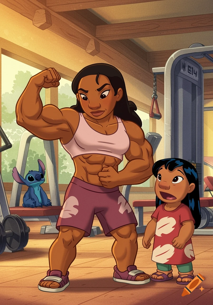 Cartoon of muscular Nani flexing in a gym while Lilo and Stitch watch.