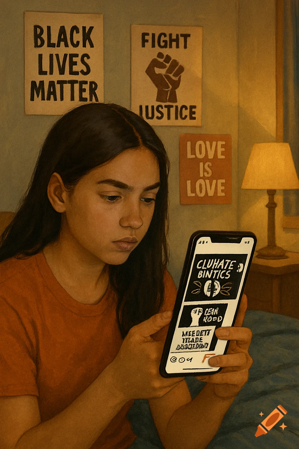 A young girl looks at a phone in a room with social justice posters on the wall.