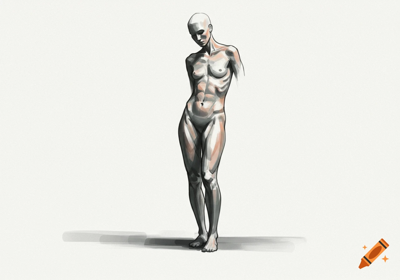 A stylized anatomical figure study of a standing person.