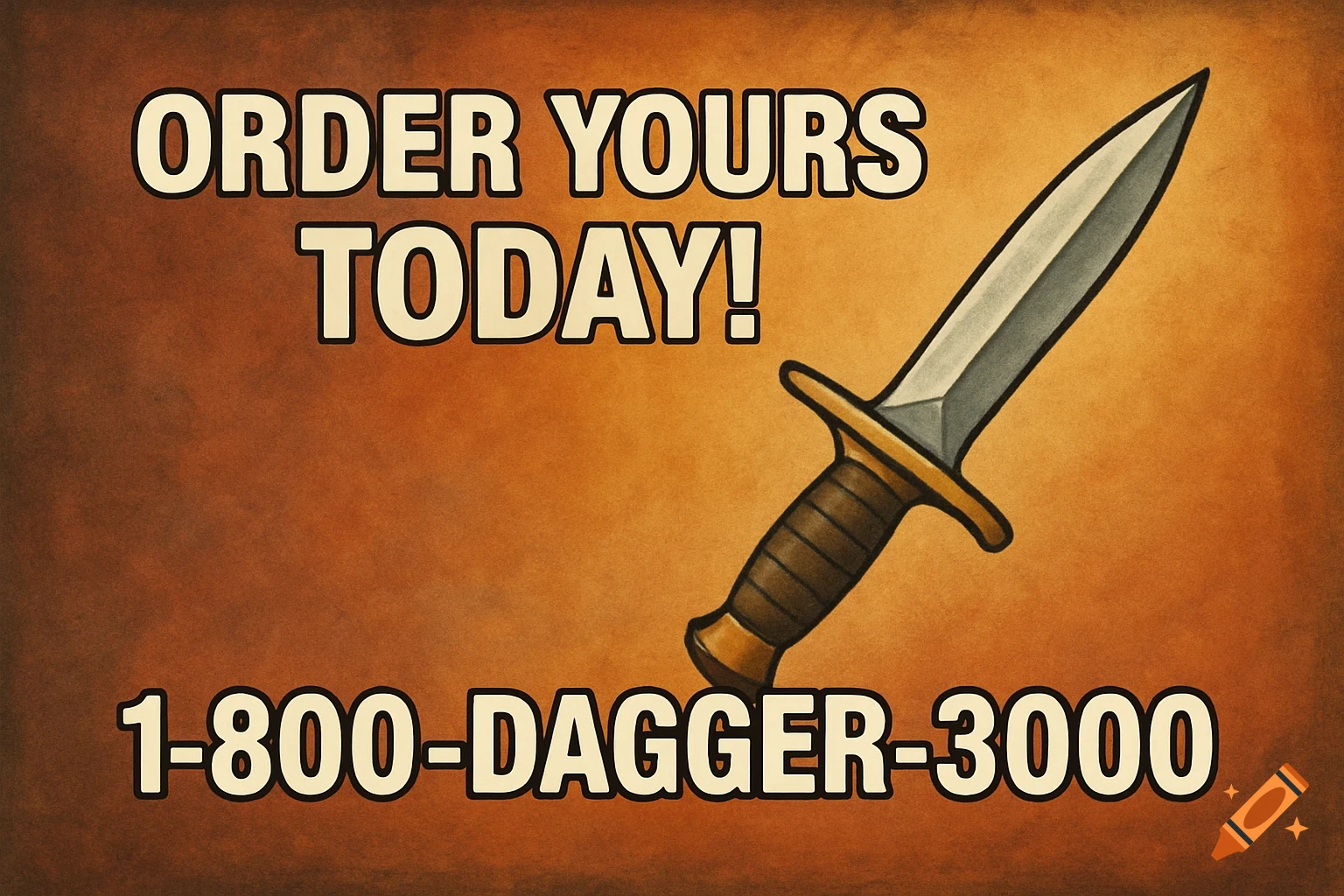 Advertisement poster with text Order Yours Today! and 1-800-Dagger-3000 and a drawing of a dagger.