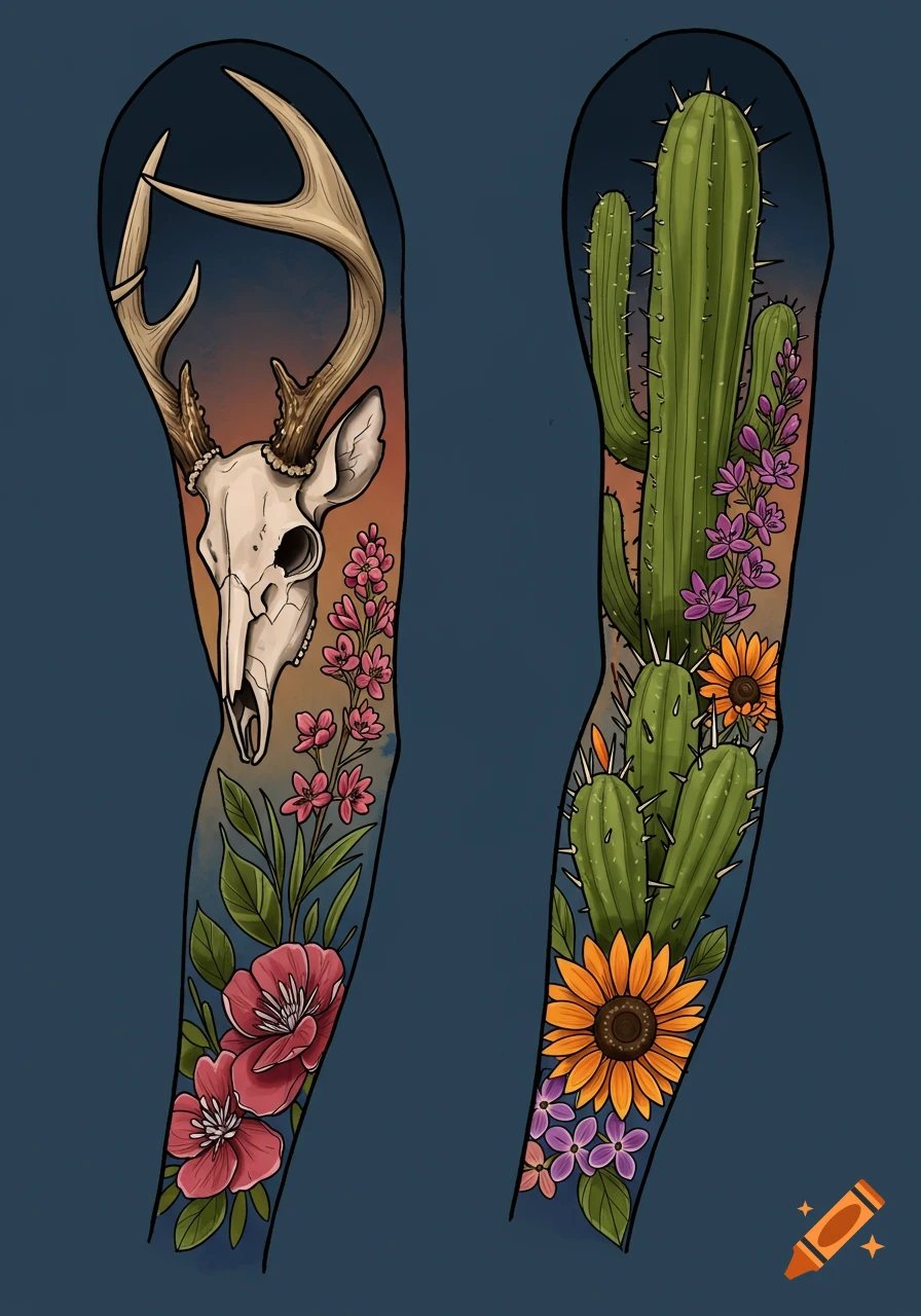 Tattoo sleeve design featuring a deer skull with antlers, cactus, and flowers on a dark background.