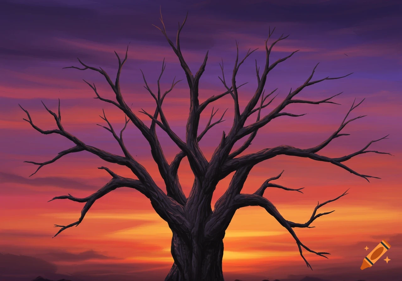 A dead tree silhouetted against a vibrant sunset sky.