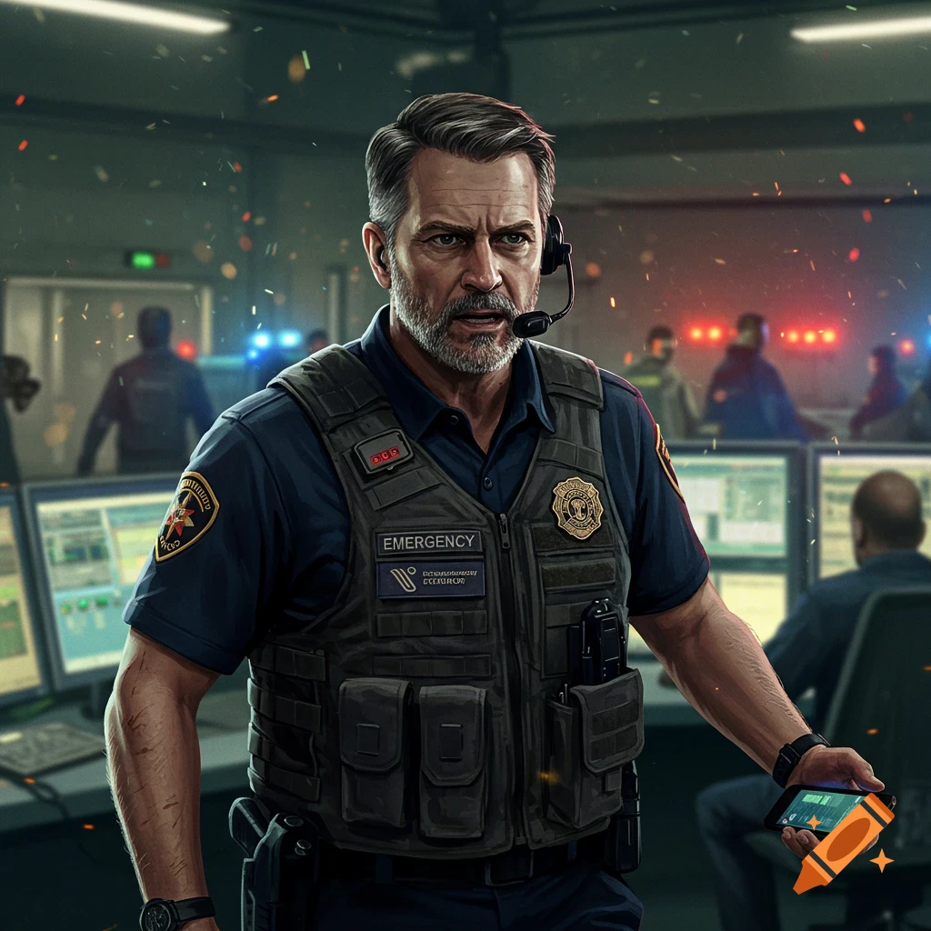 Man in emergency vest with headset and phone in control room