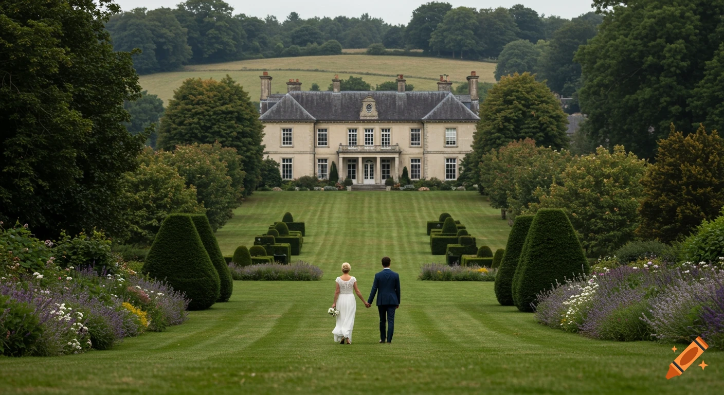 A couple walks down a long lawn towards a grand mansion.