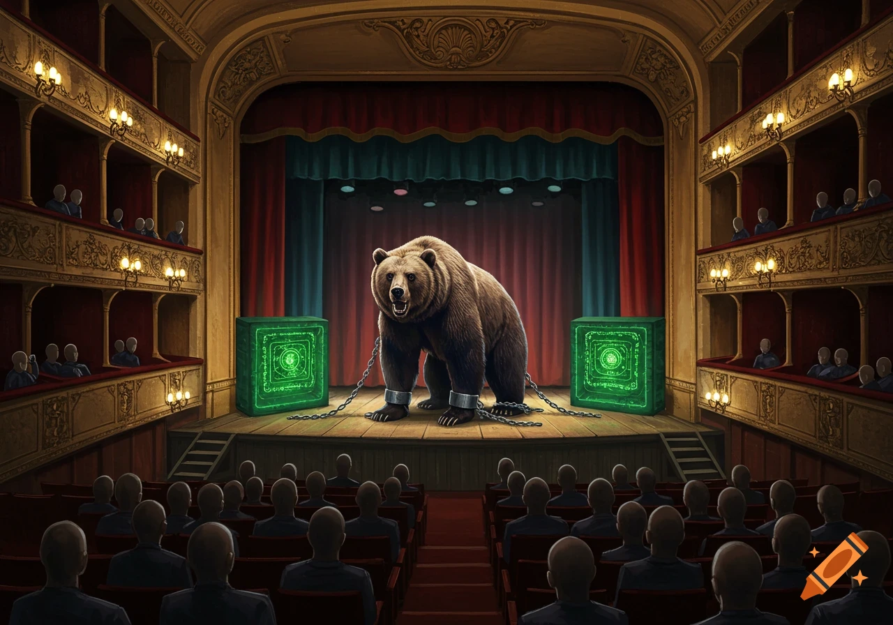 A chained bear stands on a theatre stage between two glowing green boxes. A faceless audience watches from the seats and boxes.