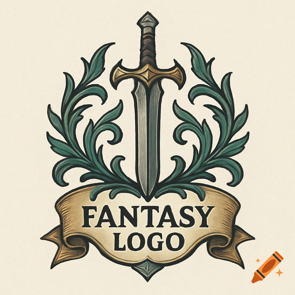 Fantasy logo with sword and leaves above a banner reading FANTASY LOGO