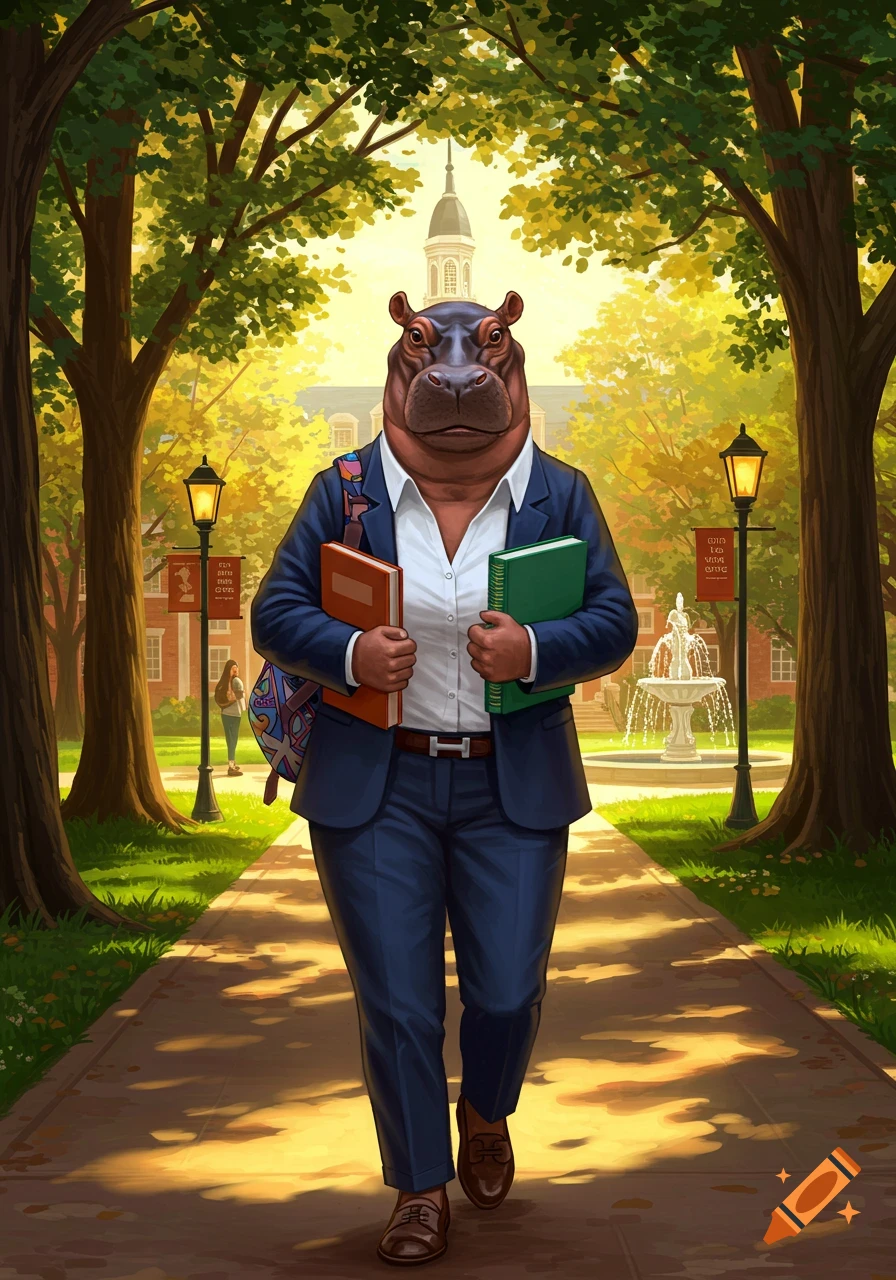 An anthropomorphic hippo in a suit walks down a tree-lined path on a college campus carrying books.