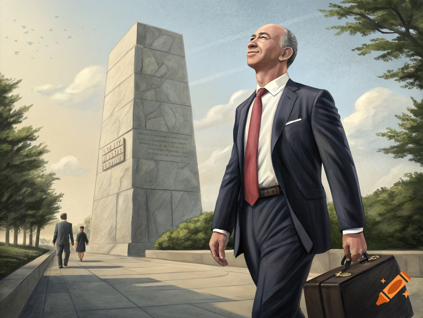 Painterly illustration of Jeff Bezos walking past a large stone monument.