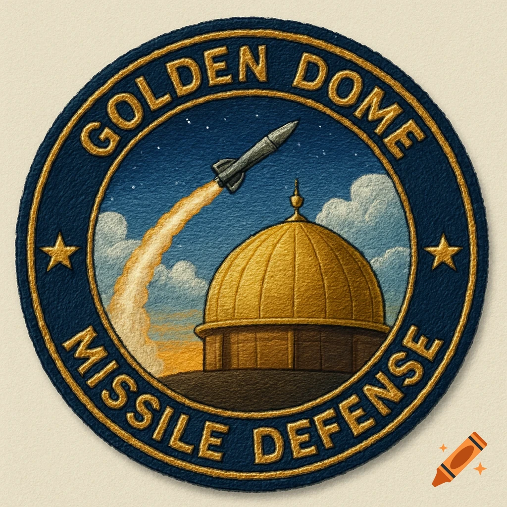 A circular 'Golden Dome Missile Defense' mission patch with a rocket launching over a golden dome.