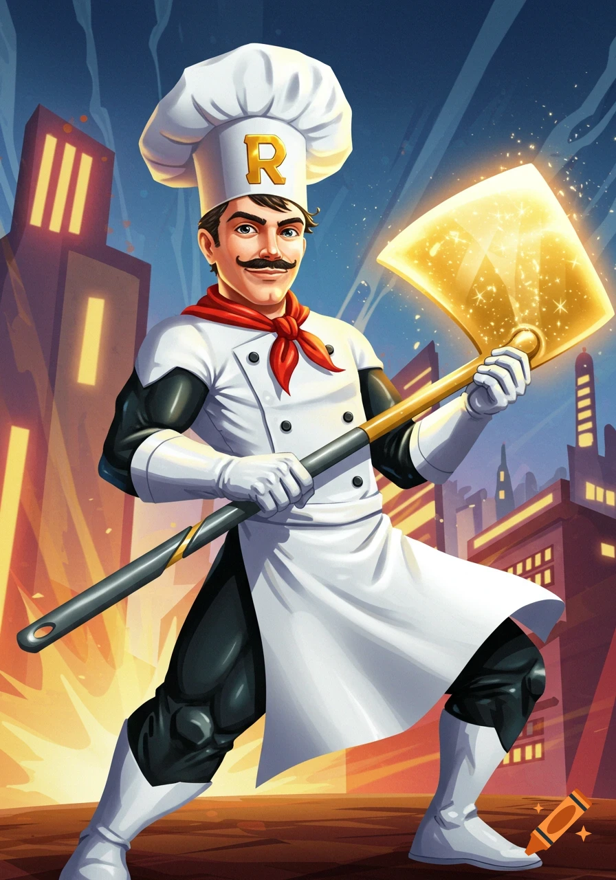 An illustration of a chef superhero holding a shiny golden shovel in a city.