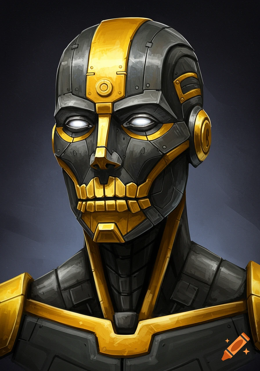 A close-up portrait of a mechanical face made of grey metal and gold accents, with glowing white eyes.