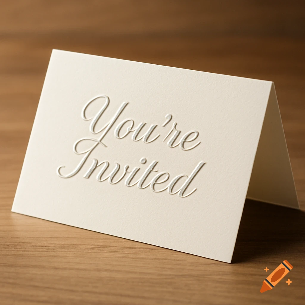 White invitation card with embossed 'You're Invited' text on a wooden desk